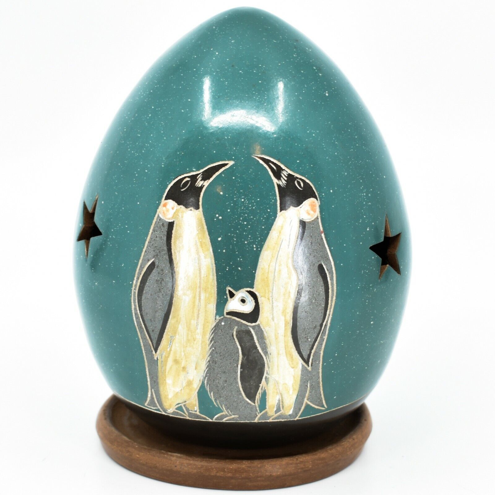 Hand Crafted Clay Pottery Emperor Penguins Star Luminary Tea Light Candle Holder