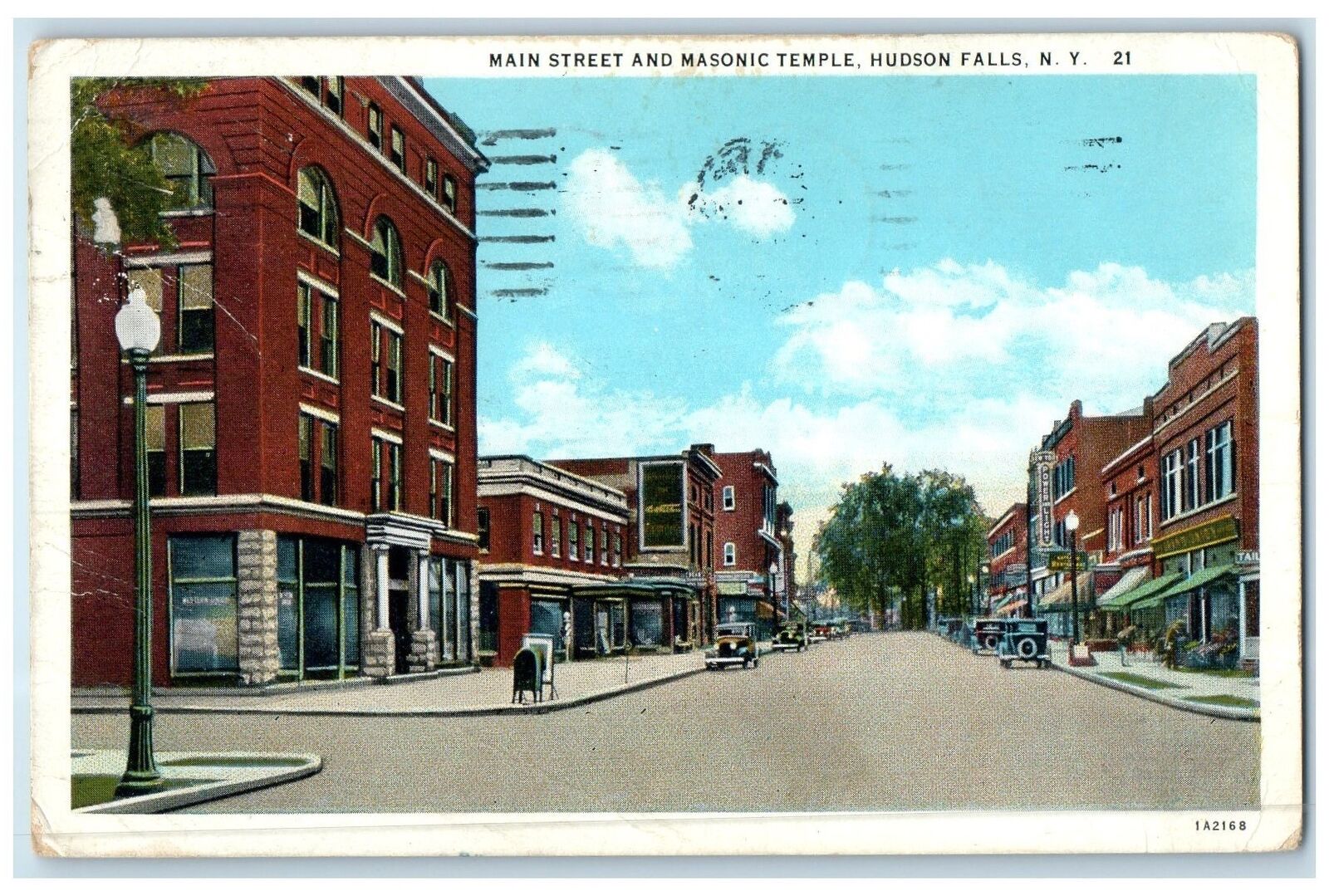 1937 Main Street And Masonic Temple Buildings Hudson Falls New York NY Postcard
