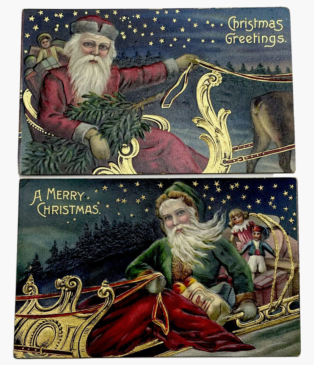 Antique Christmas Postcards Santa Claus Green Coat Embossed Gilt Pair Germany