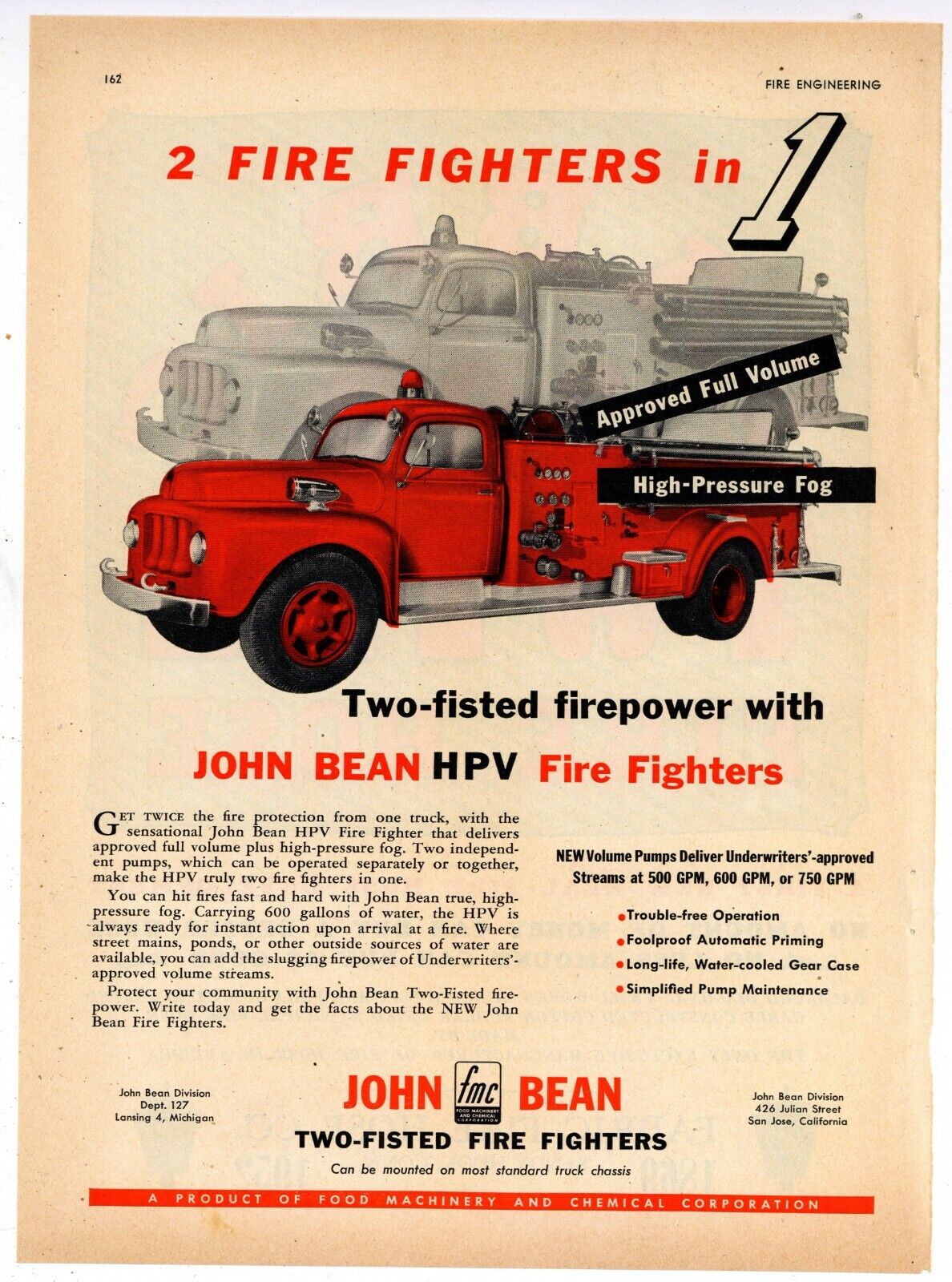1952 John Bean FMC HPV Fire Fighters Ad: Ford Fire Truck Pictured - Lansing, MI