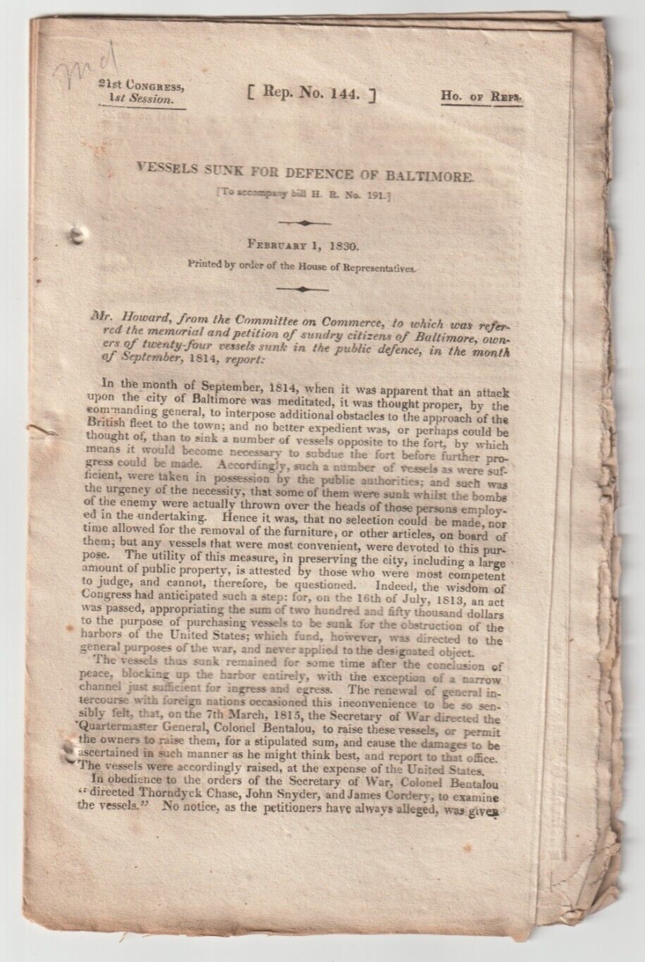 1830 War of 1812 Report No.144  US Gov Vessels Sunk for Defense of Baltimore