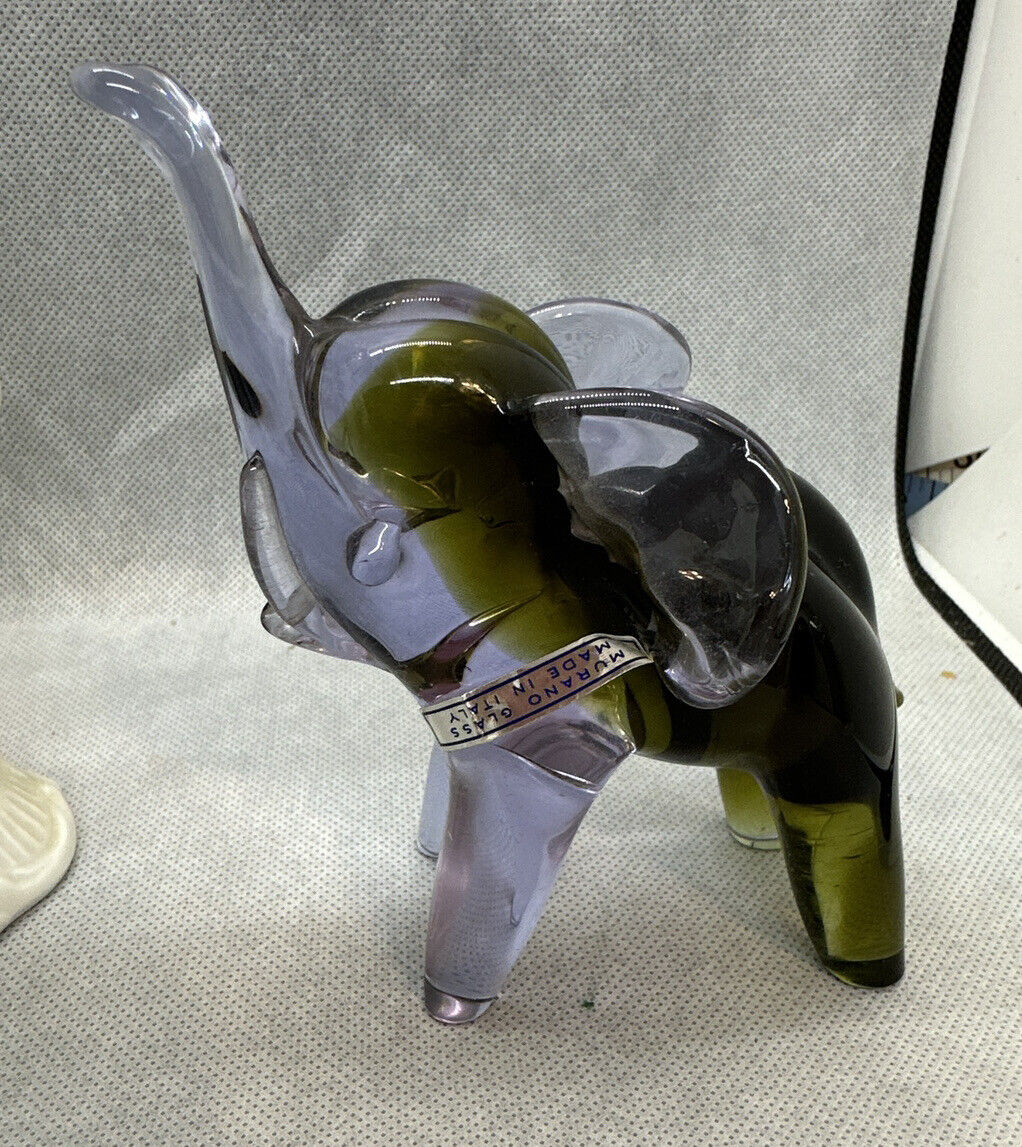 4 1/2” Vintage Murano Art Glass trunk up Elephant paperweight Purple Green