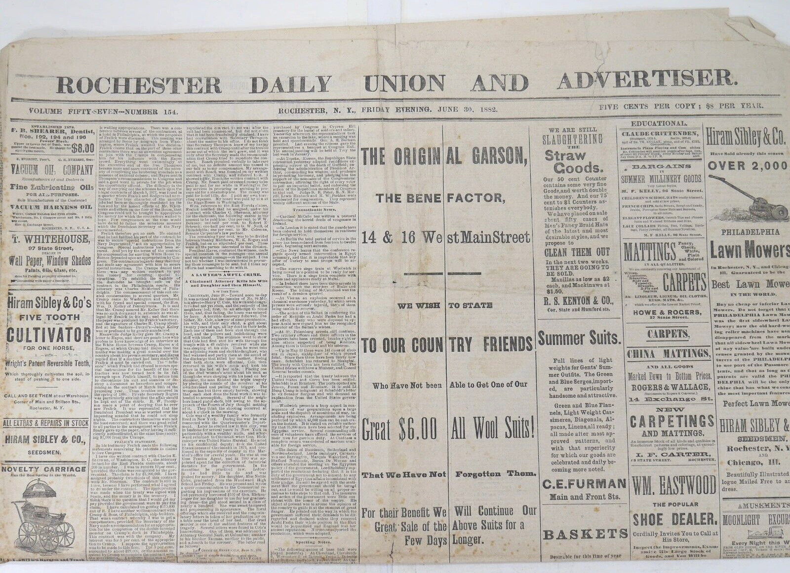 1892 Union & Advertiser JAMES A. GARFIELD Assassin CHARLES GUITEAU Execution