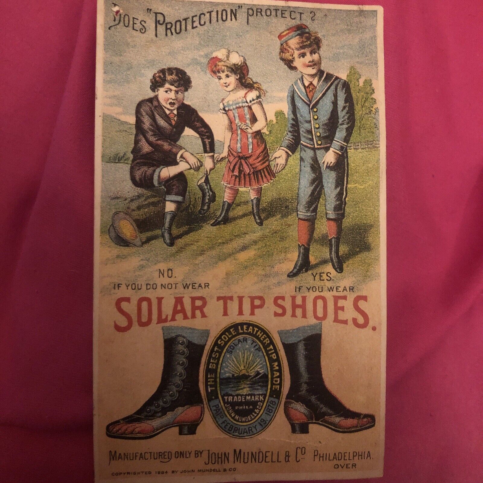 VTG Solar Tip Shoes John Mundell And Co Philadelphia PA Victorian Ad Trade Card