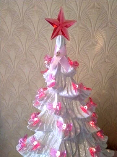 50 Pink Bows, Star +Free Breast Cancer Awareness Pin for Ceramic Christmas Tree