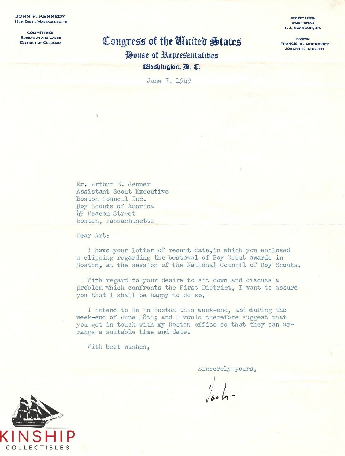 President John F Kennedy signed TLS JSA LOA Congress Letter Rare Auto d1963 Z702