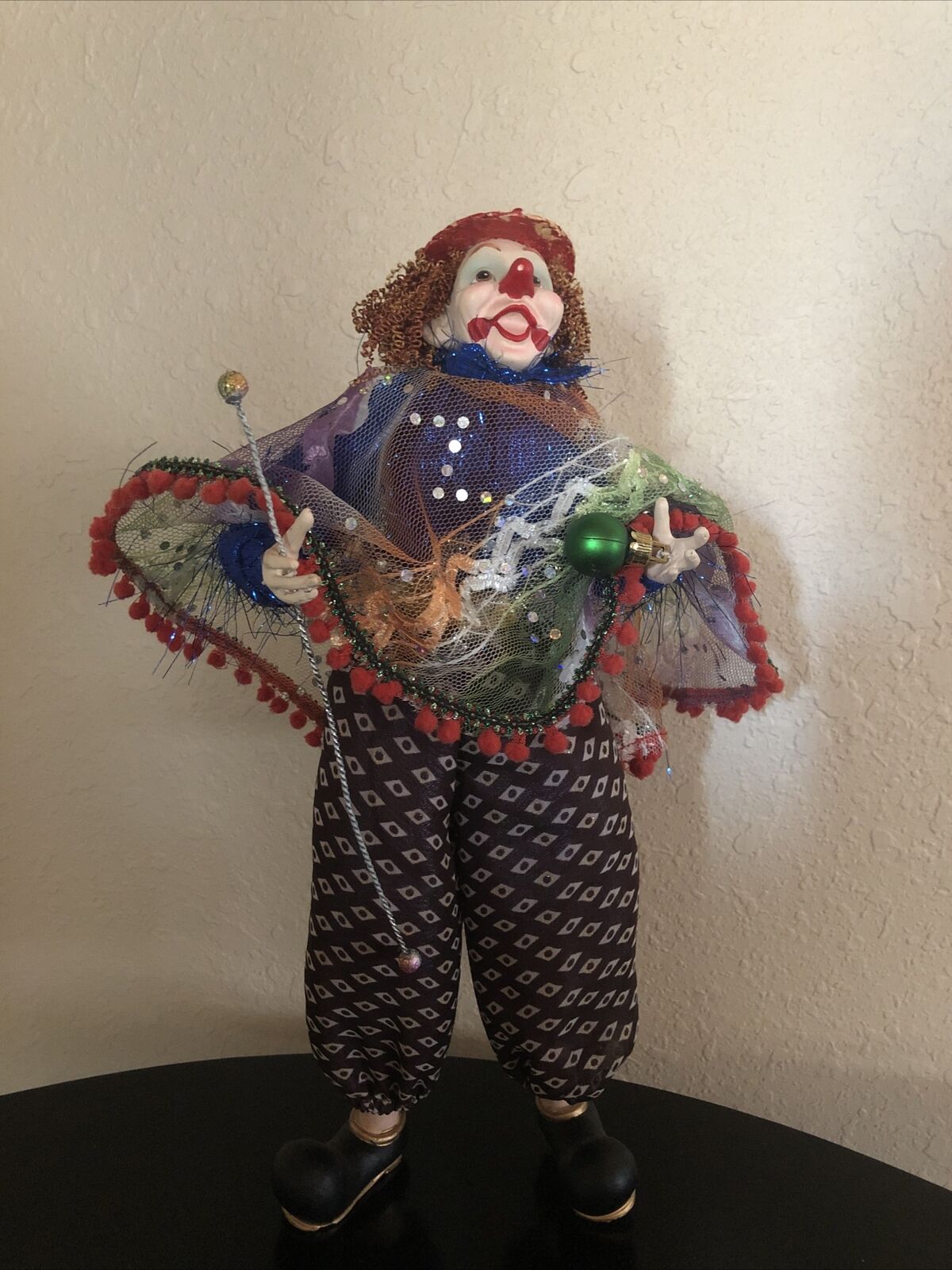 clown figurine collectible, 14”, Fabric Clothing, Detailed Face And Hands