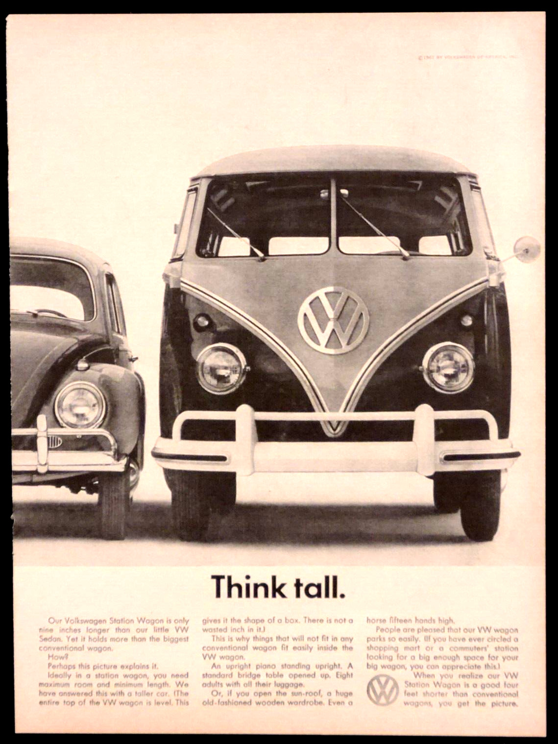 Volkswagen Bus Station Wagon Original 1961 Vintage Print Ad Think Tall