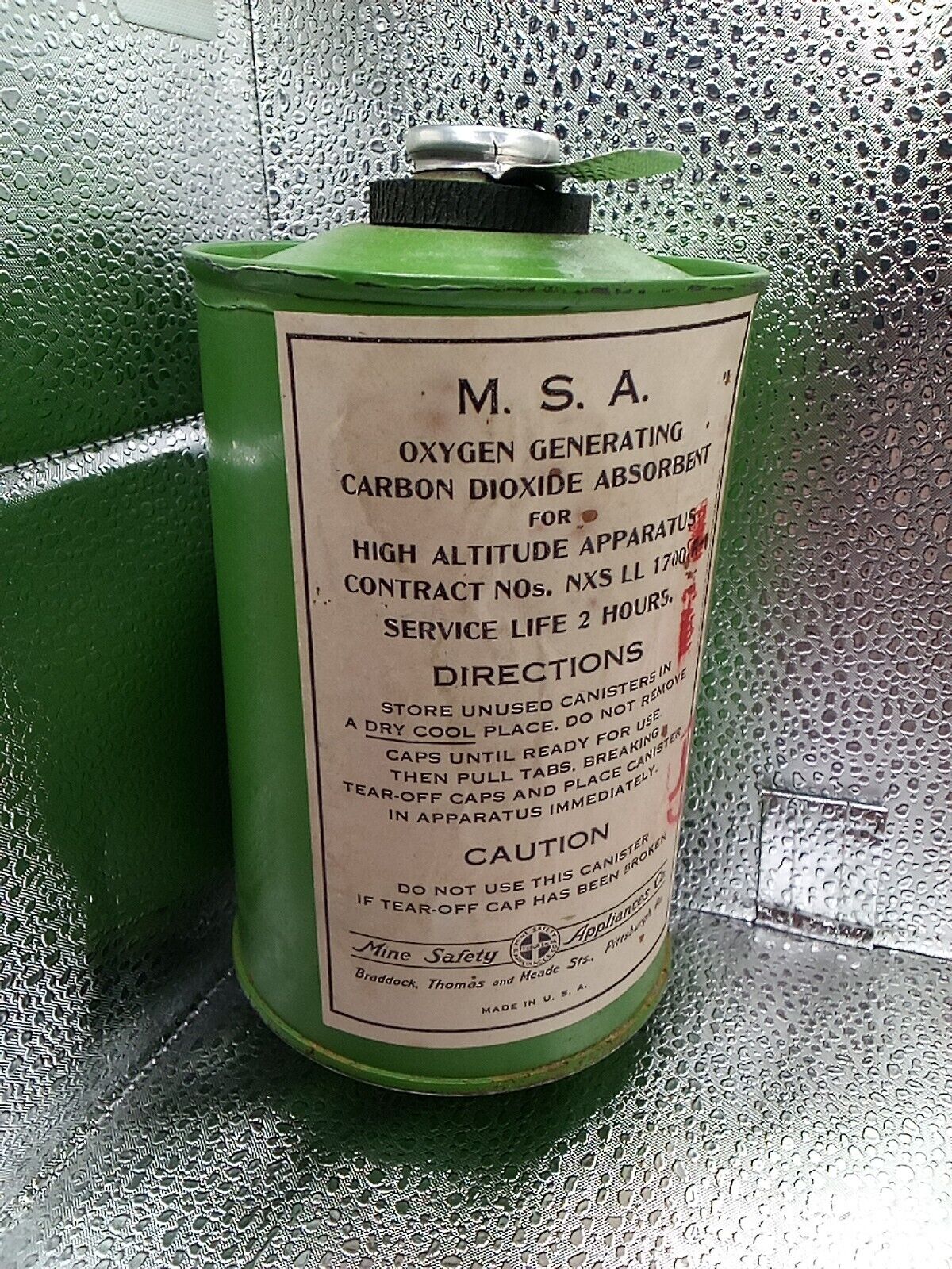 Vintage M.S.A. Oxygen Generating Carbon Dioxide Absorbent Mine Safety Appliance