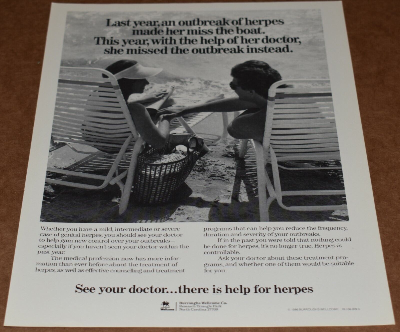 1986 Print Ad See your doctor there is help for HERPES Burroughs Wellcome lady
