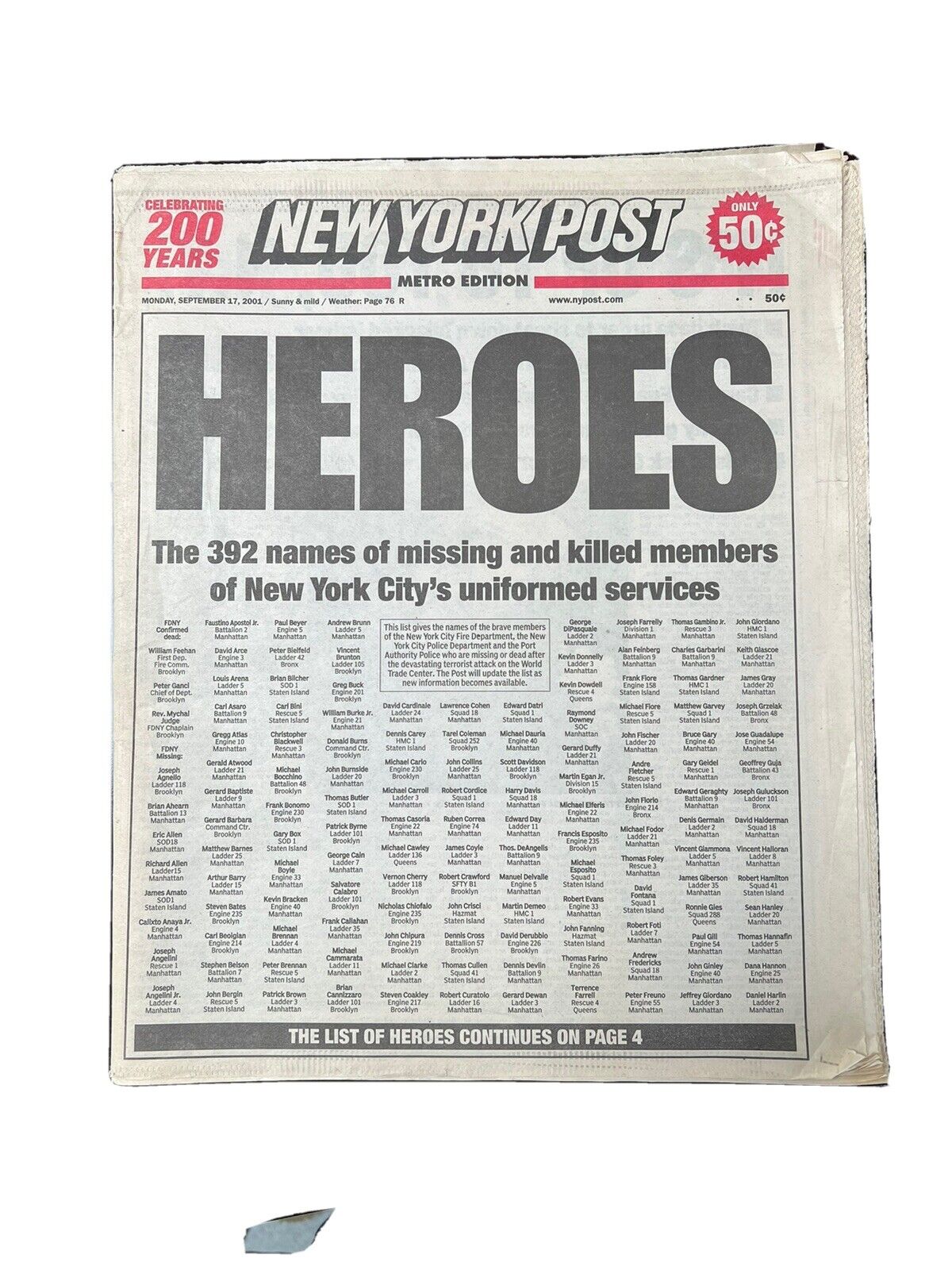 newspaper New York Post September 17 2001 92 page issue 'Heroes'