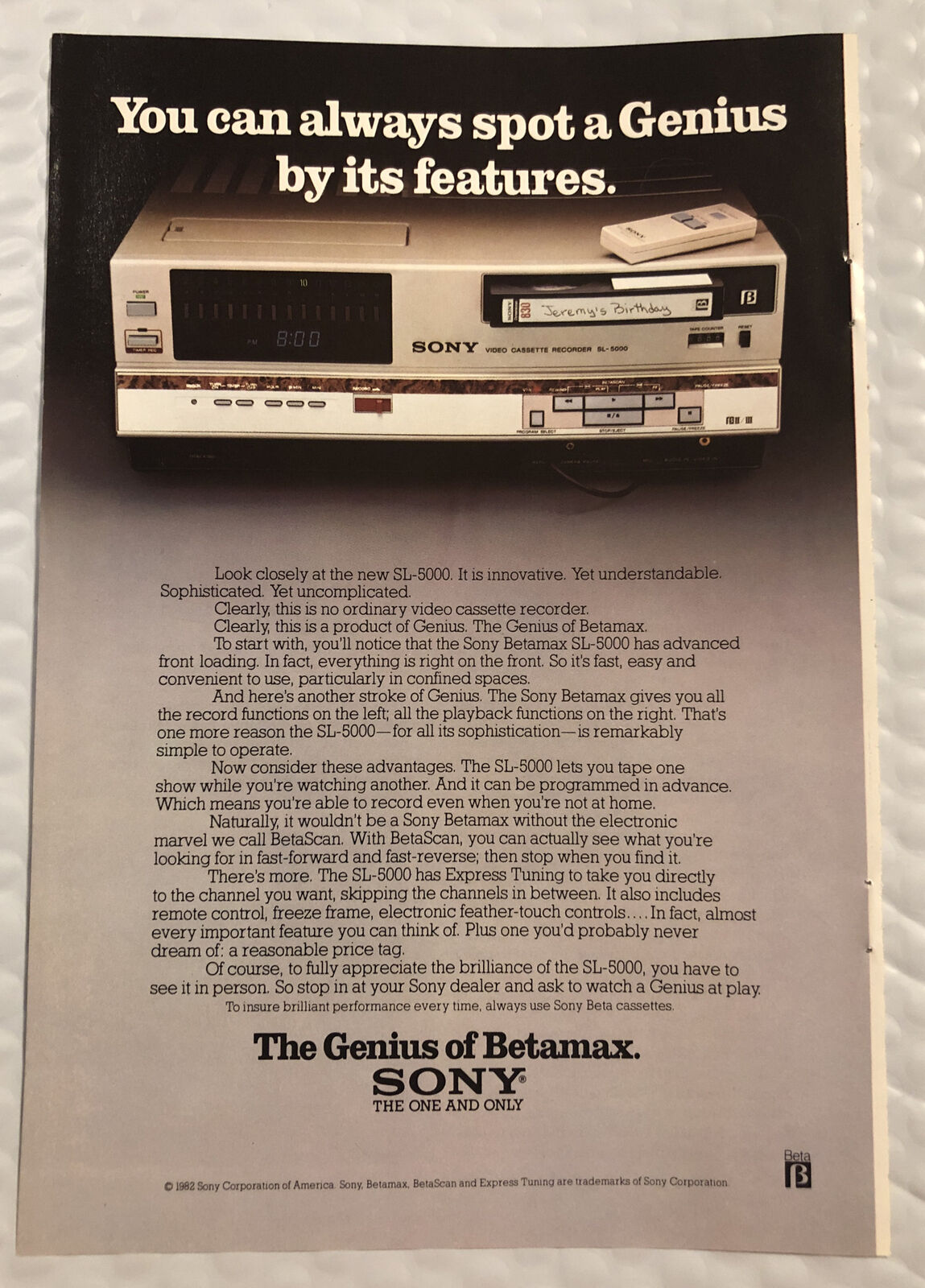 Vintage 1982 Sony Betamax Original Full Page Print Ad - Always Spot A Genius