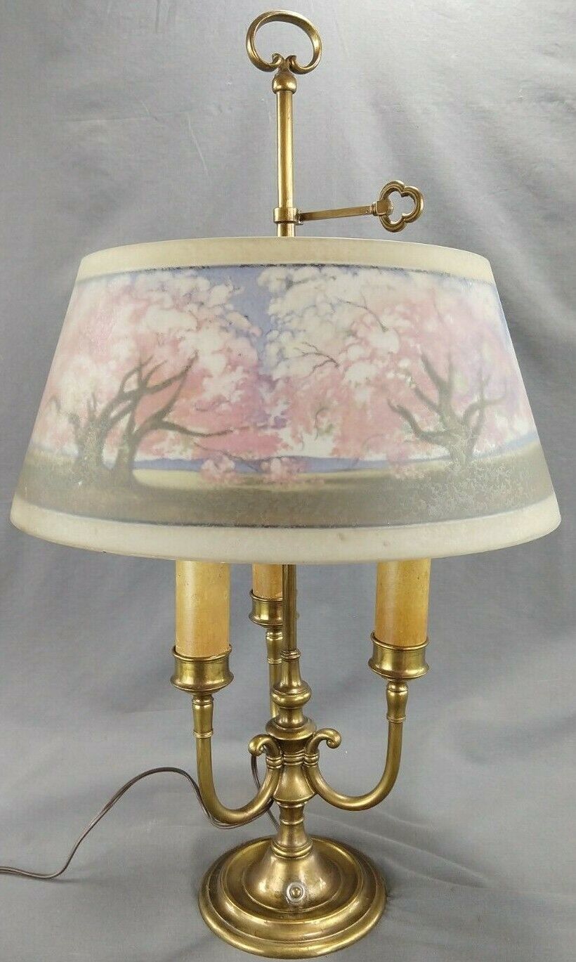 Authentic Pairpoint Directoire Table Lamp Reverse Painted Cherry Blossom Shade