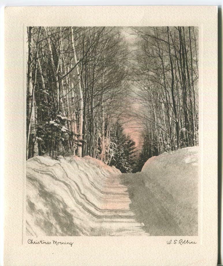 VINTAGE CHRISTMAS HAND COLORED PHOTO PRINT SNOW DAWN TREES ROBBINS GREETING CARD