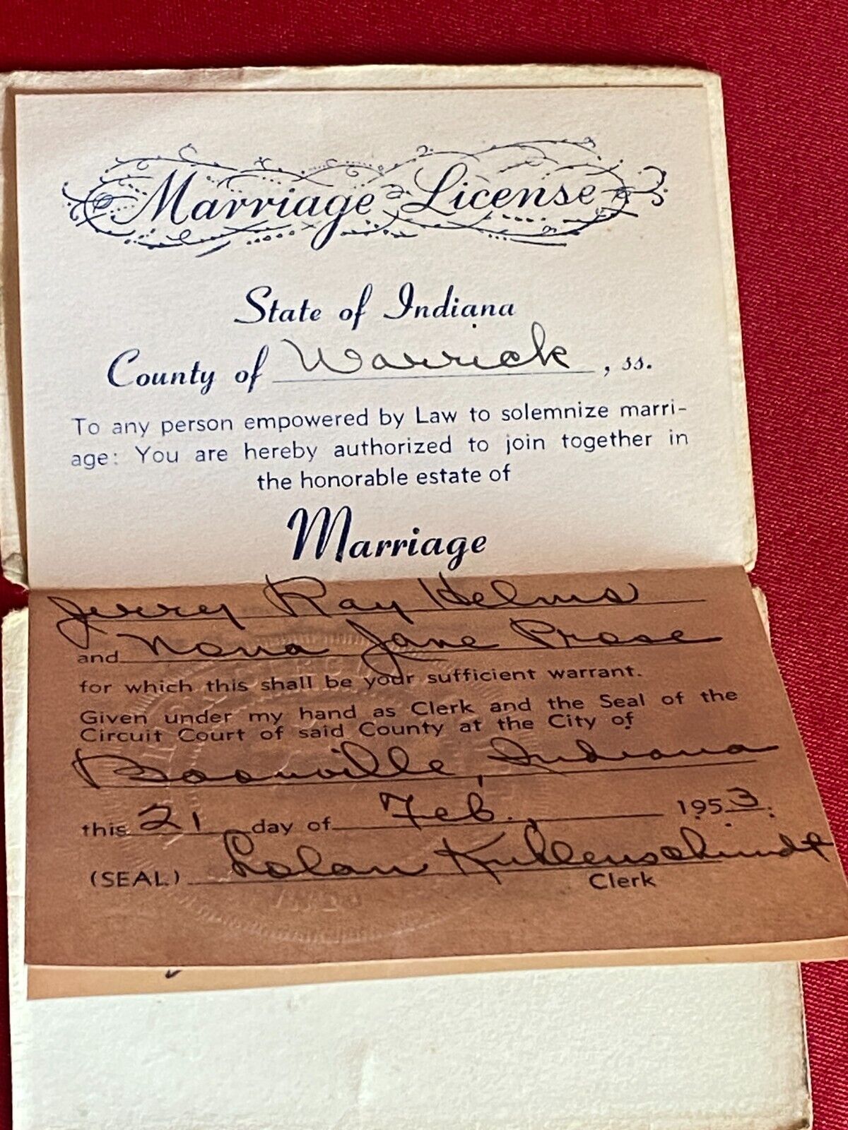 1953 Marriage License Card Warrick County Indiana Boonville