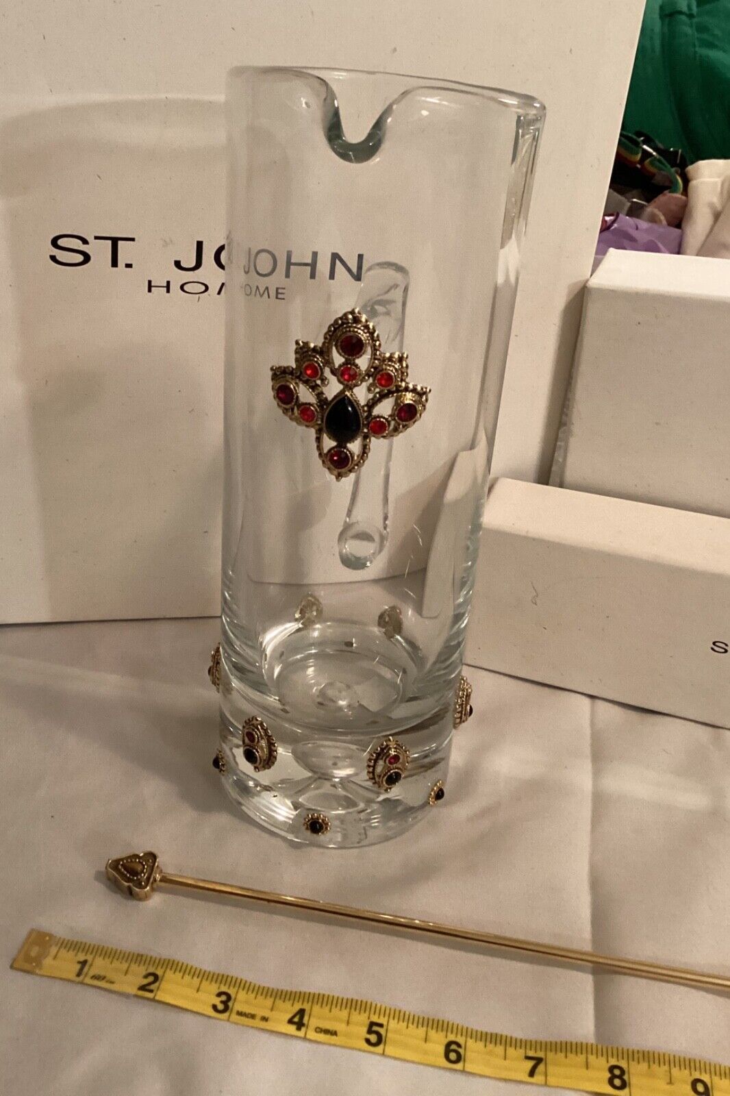 ST JOHN HOME LARGE GLASS DRINK MIXER/MATCHING STIRRER.RED SWAROVSKI/ENAMEL.(350)