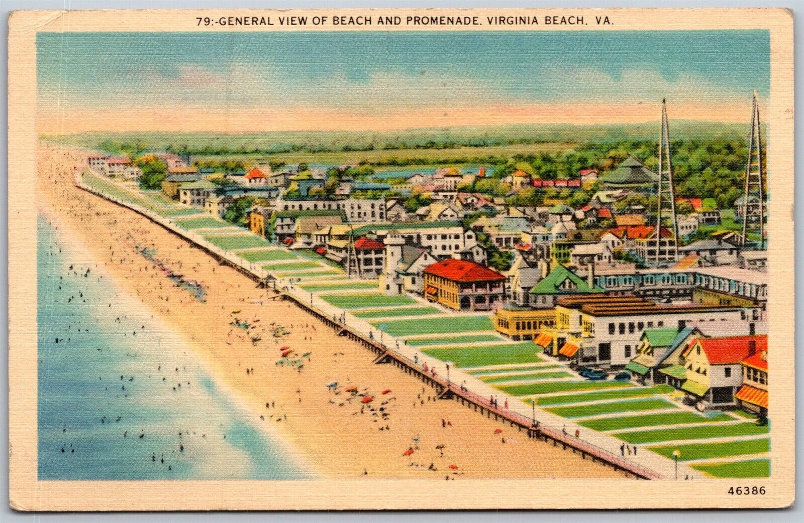 Vtg Virginia Beach VA View of Beach & Promenade Birdseye 1940s Linen Postcard