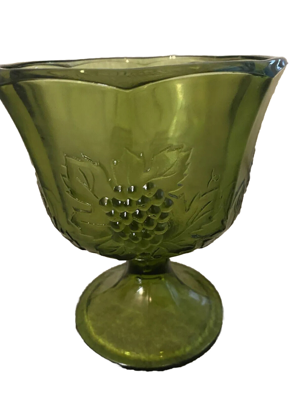 Old Vintage Harvest Green by Colony Footed Planter Pressed Glass Grape Pattern