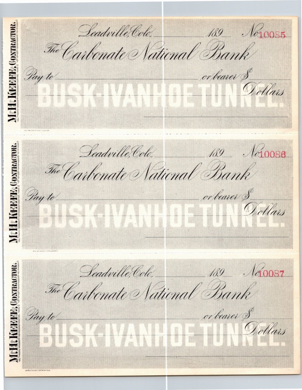 Leadville, CO - M.H. Keene Contractor Busk-Ivanhoe Tunnel Bank Check Sheet 1890