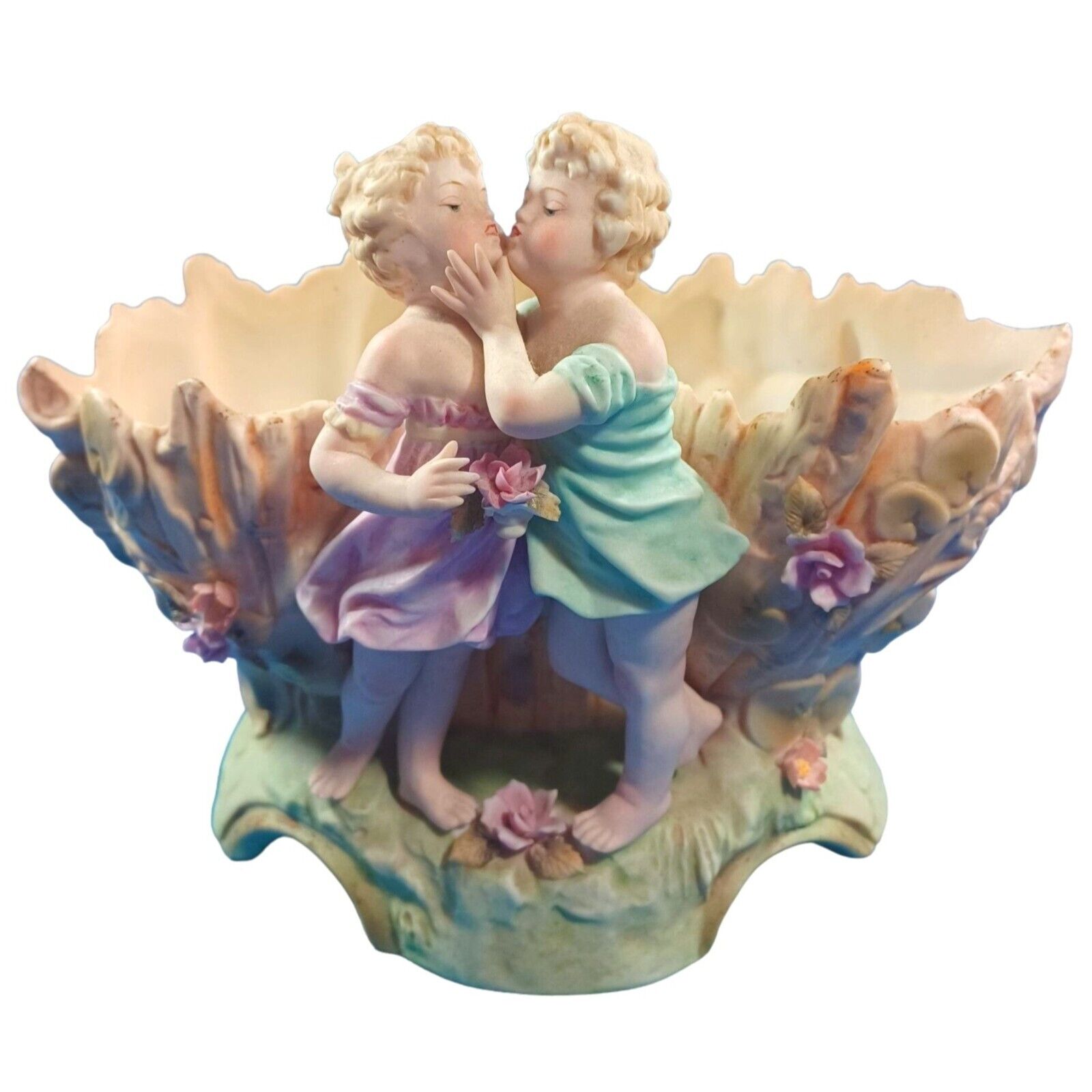 Vintage Kissing Babies German Kalk Bisque Jardiniere Planter Centerpiece Bowl