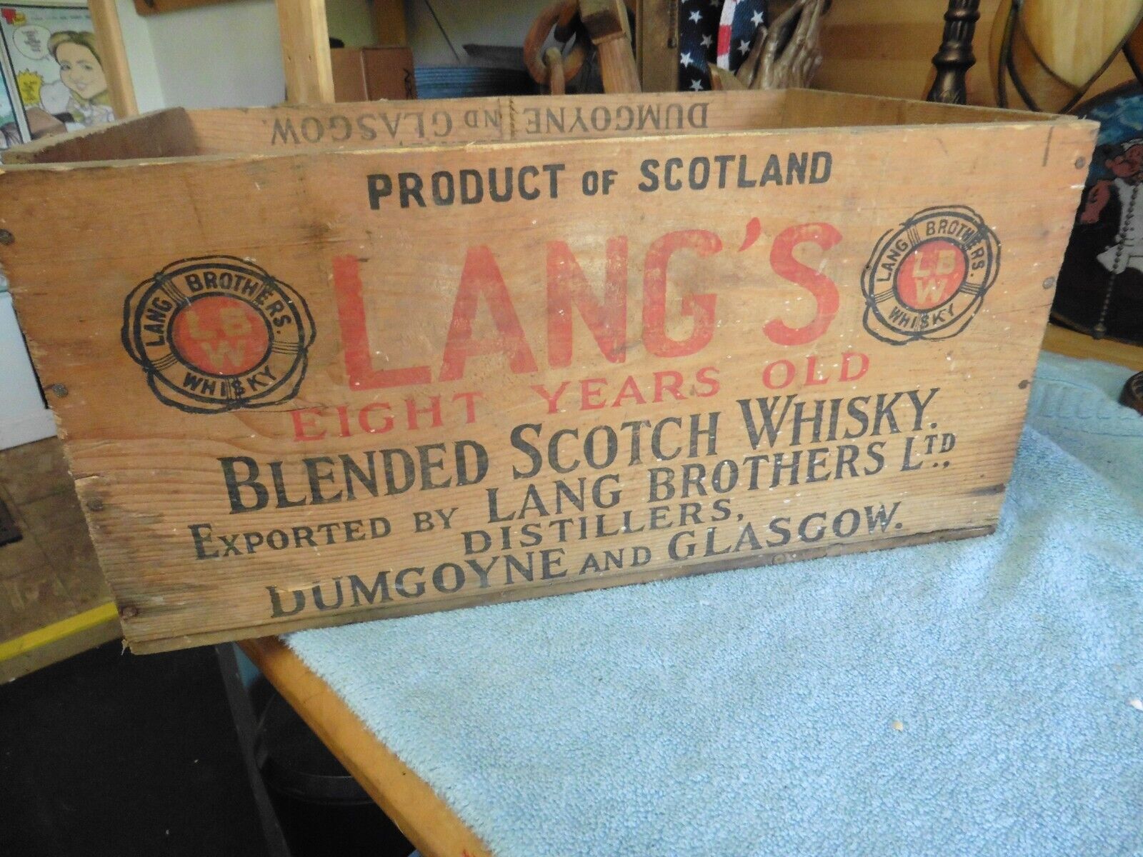 Vintage Lang's brothers whiskey bottle advertisement wood Box Scotch Distillers