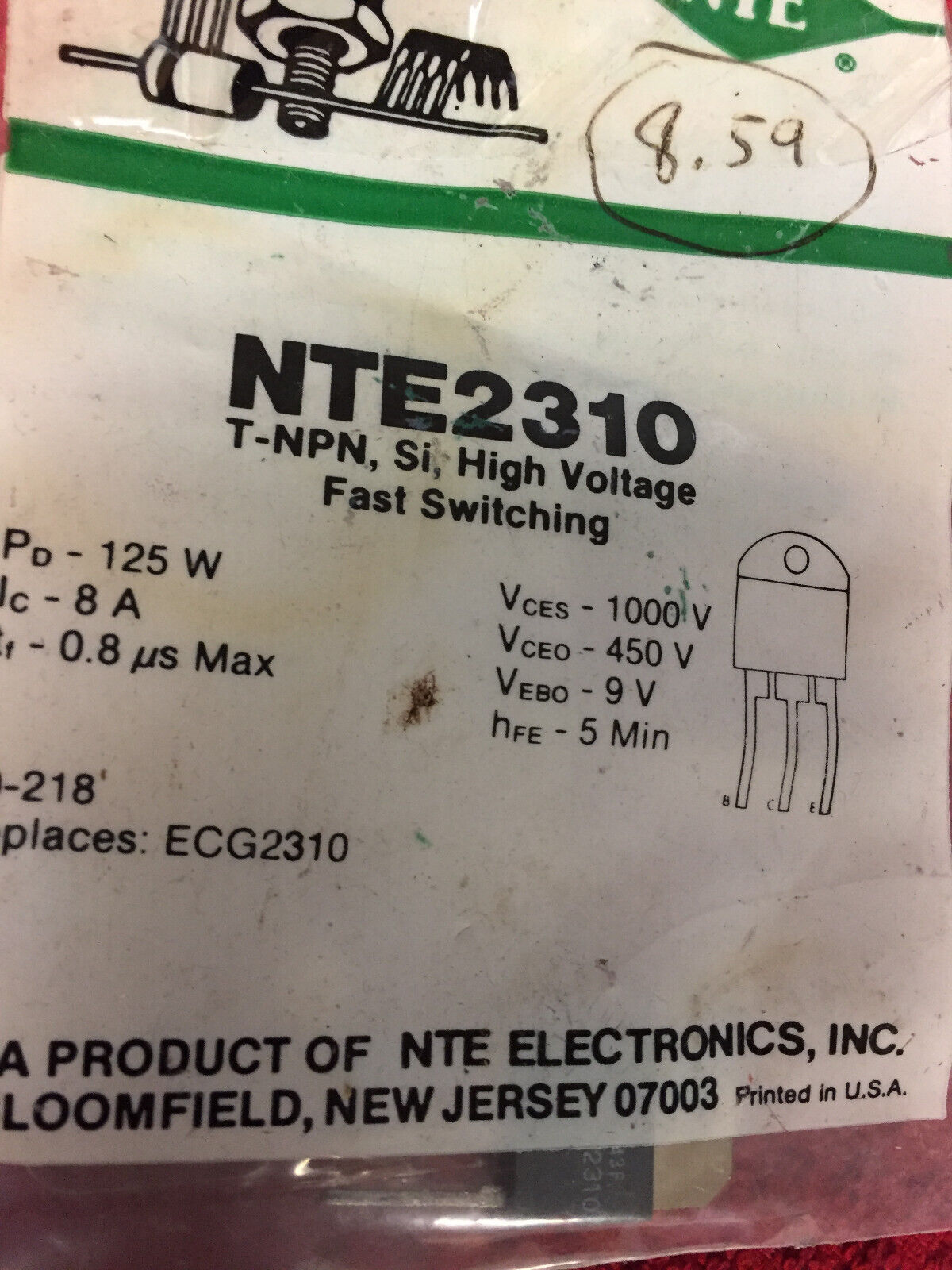 NTE2310 	 TRANS NPN 450V 8A TO218