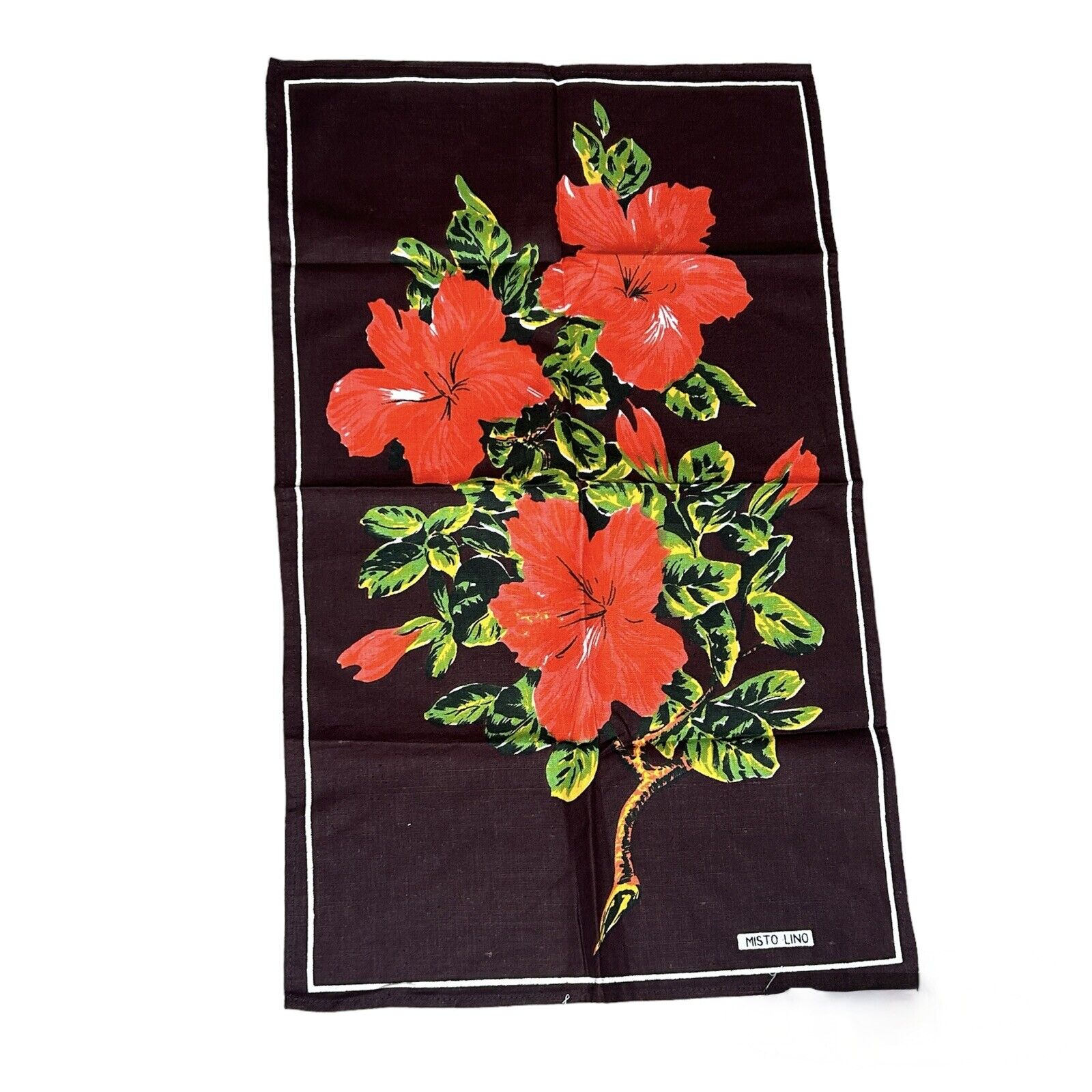 Vintage Indanthren Red Hibiscus Flower on Brown Linen Cotton Blend Tea Towel New