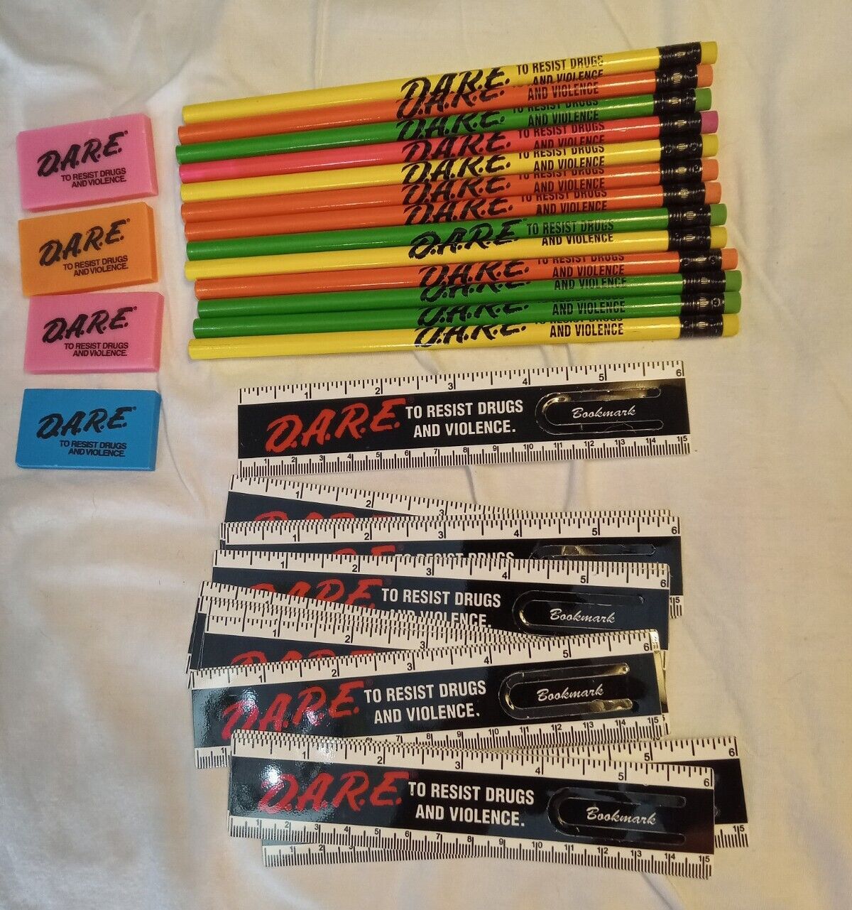 VTG New D.A.R.E. Resist Drugs Neon #2 Pencils And Erasers And Bookmarks