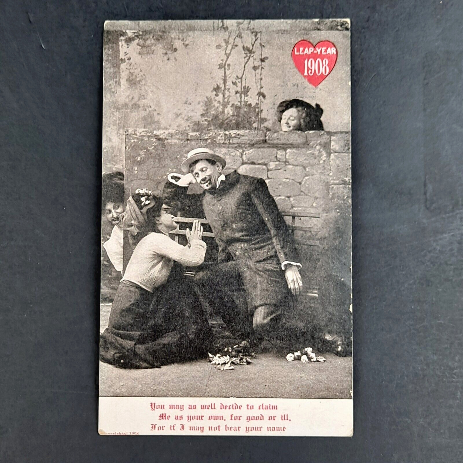 ANTIQUE 1908 POST CARD ROMANCE LEAP YEAR PEEKING COURTSHIP POSTCARD - POSTED