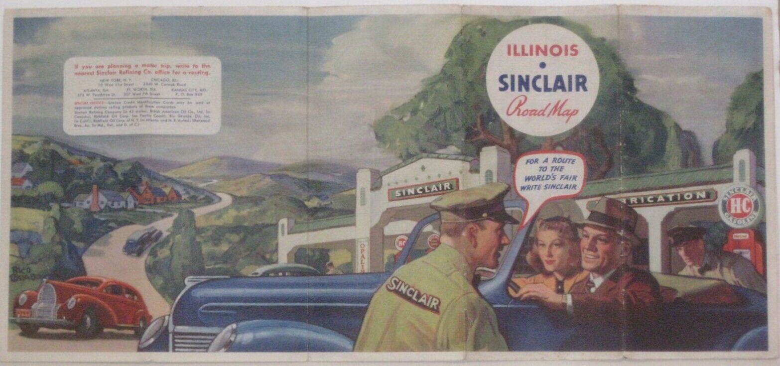 1939 SINCLAIR OIL Road Map ILLINOIS Route 66 World\'s Fair 5-Panel Cover Artwork