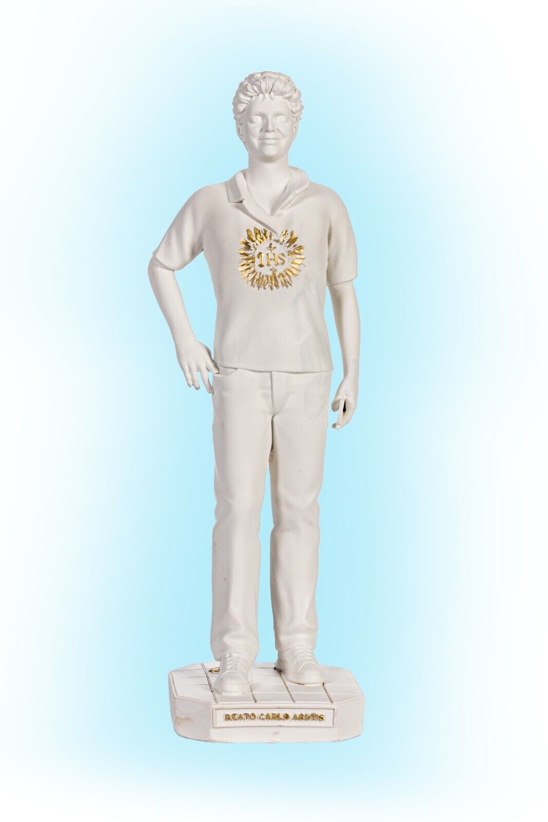 Statue of Blessed Carlo Acutis CM 30 (11.81\'\') Resin White With Detail Gold