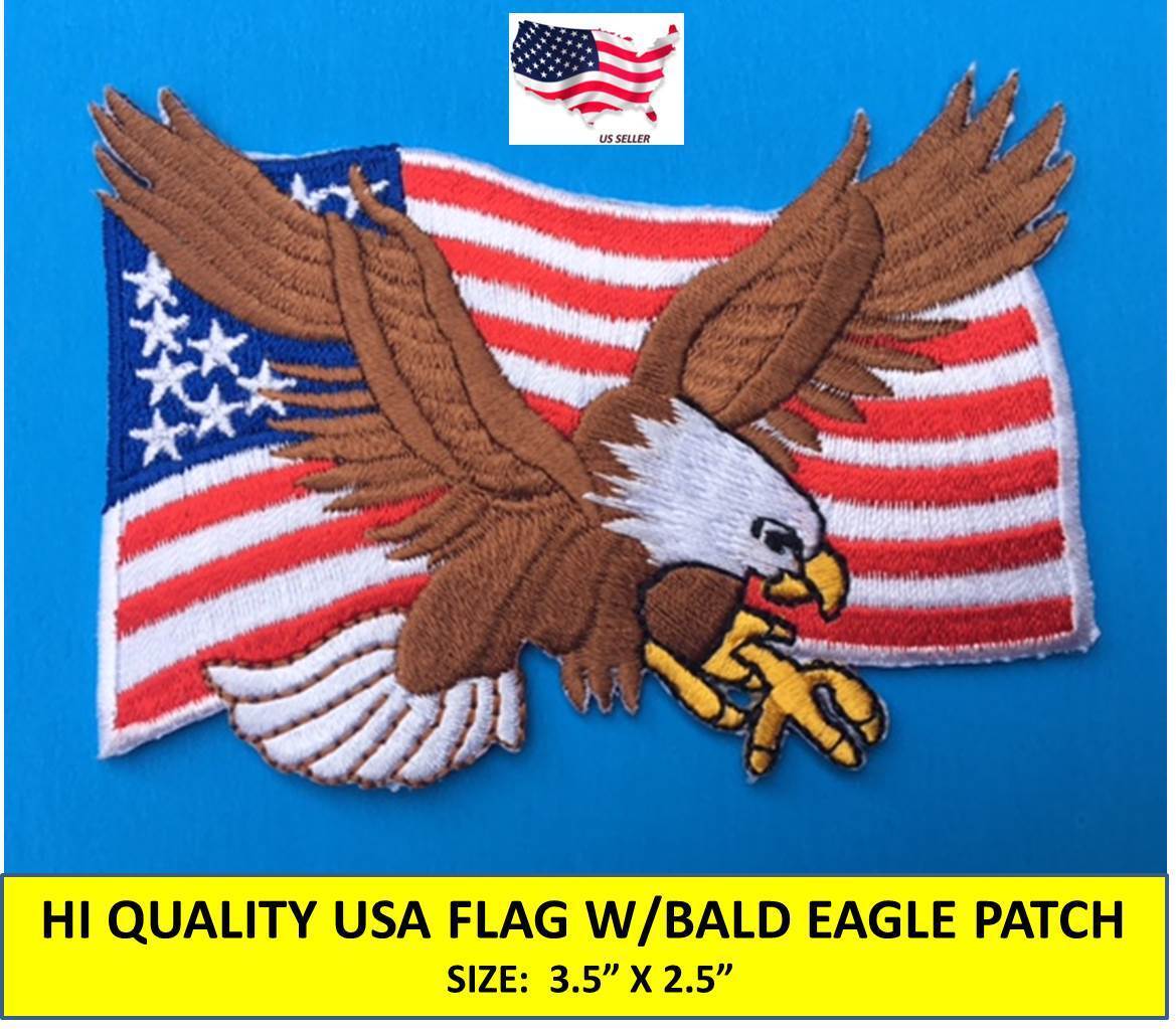 BALD EAGLE ON USA AMERICAN FLAG EMBROIDERED PATCH IRON-ON SEW-ON (3½ x 2½)
