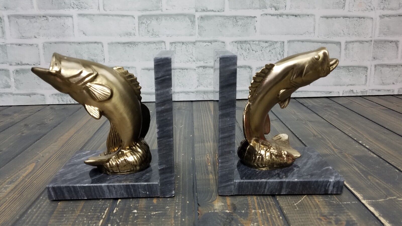 PAIR Vintage PM Craftsman Brass Tone Metal SEA BASS Fish on MARBLE Bookend USA