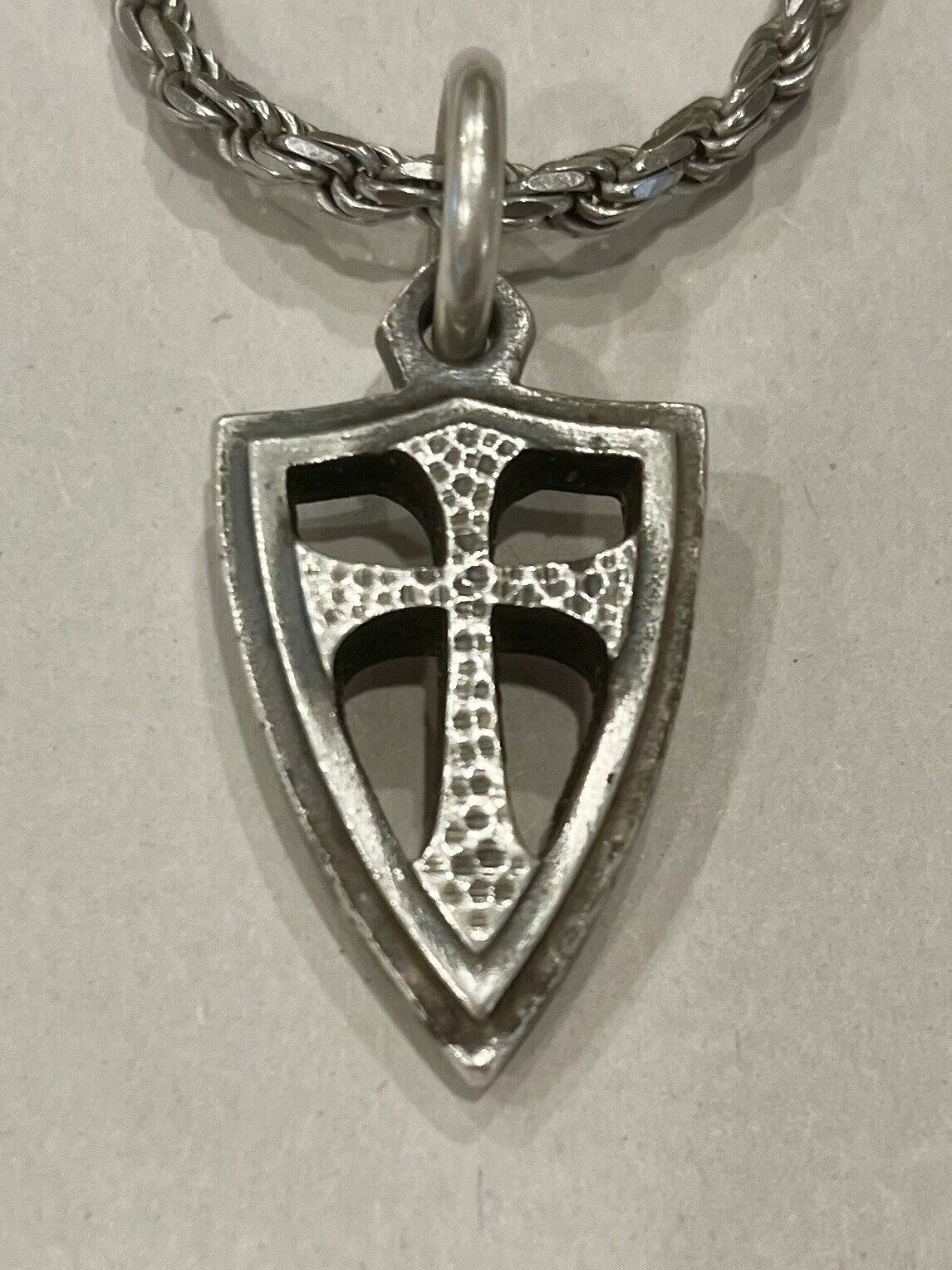 Steel Flame Silver Crusader Cross  Pendant & Rope Chain Rare & Long Discontinued
