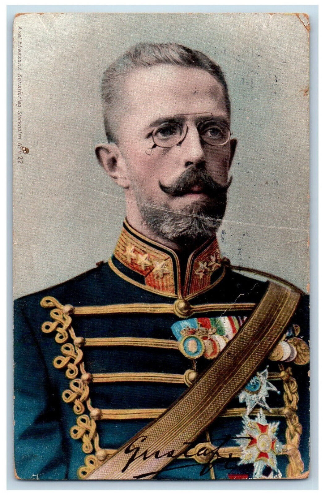 Stockholm Sweden Postcard King Gustaf V in Uniform and Medals 1908 Posted