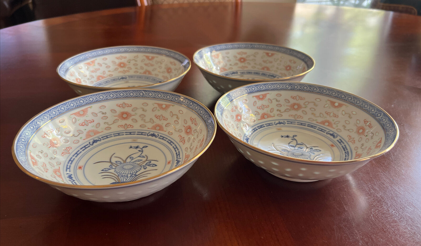 4 Vtg Jingdezhen Chinese Porcelain Oriental Blue rice grain pattern 7”x 2 1/4”
