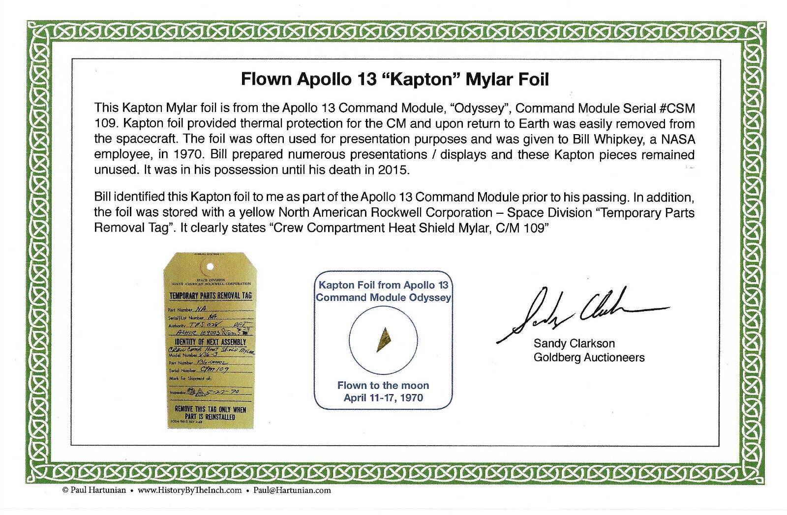 Flown Apollo 13 Kapton Foil from Odyssey Command Module on COA certificate