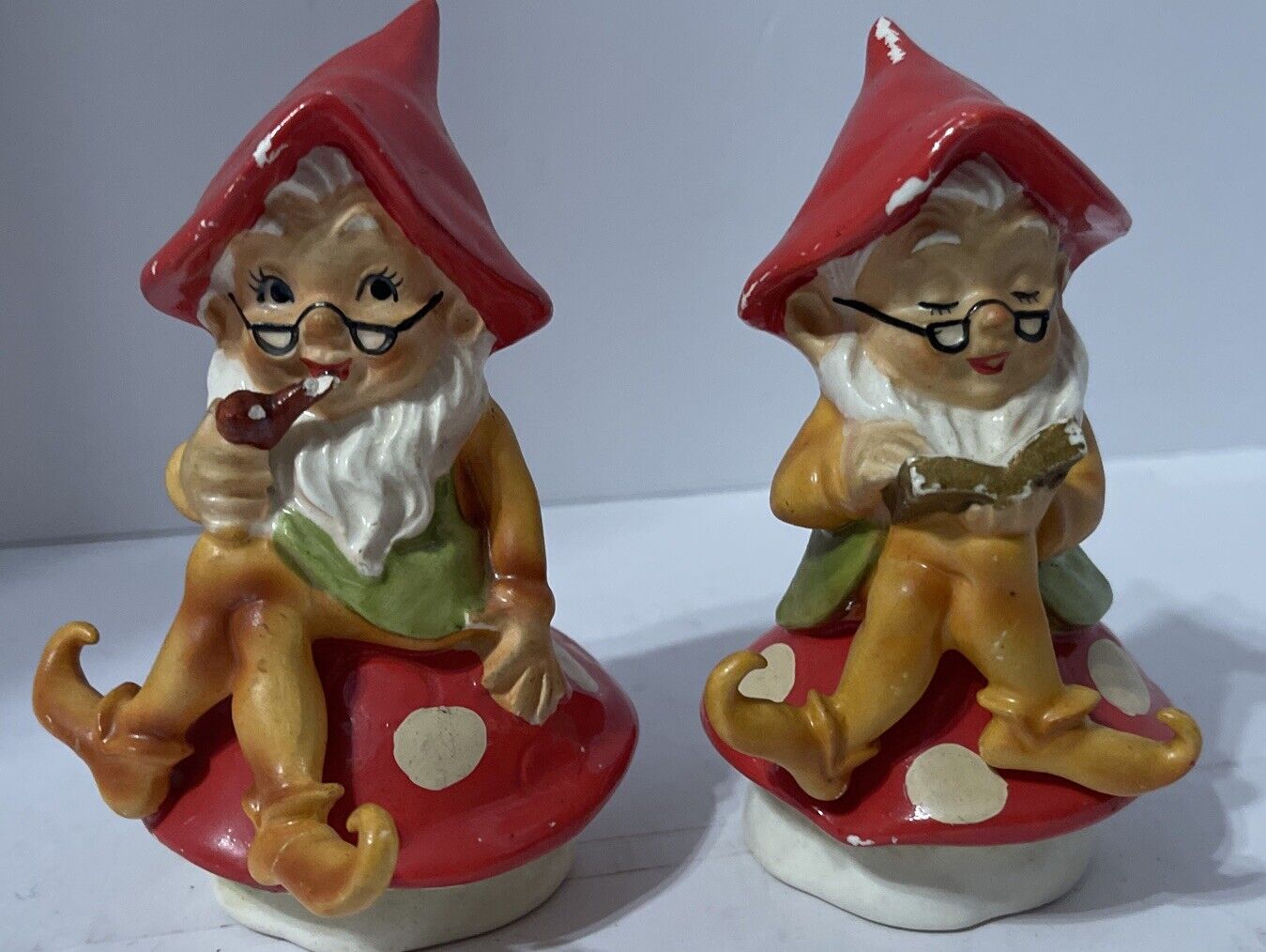 2 Vintage Pair Of Lefton Man Women Elf Gnome Pixie Sitting On Mushroom Reading