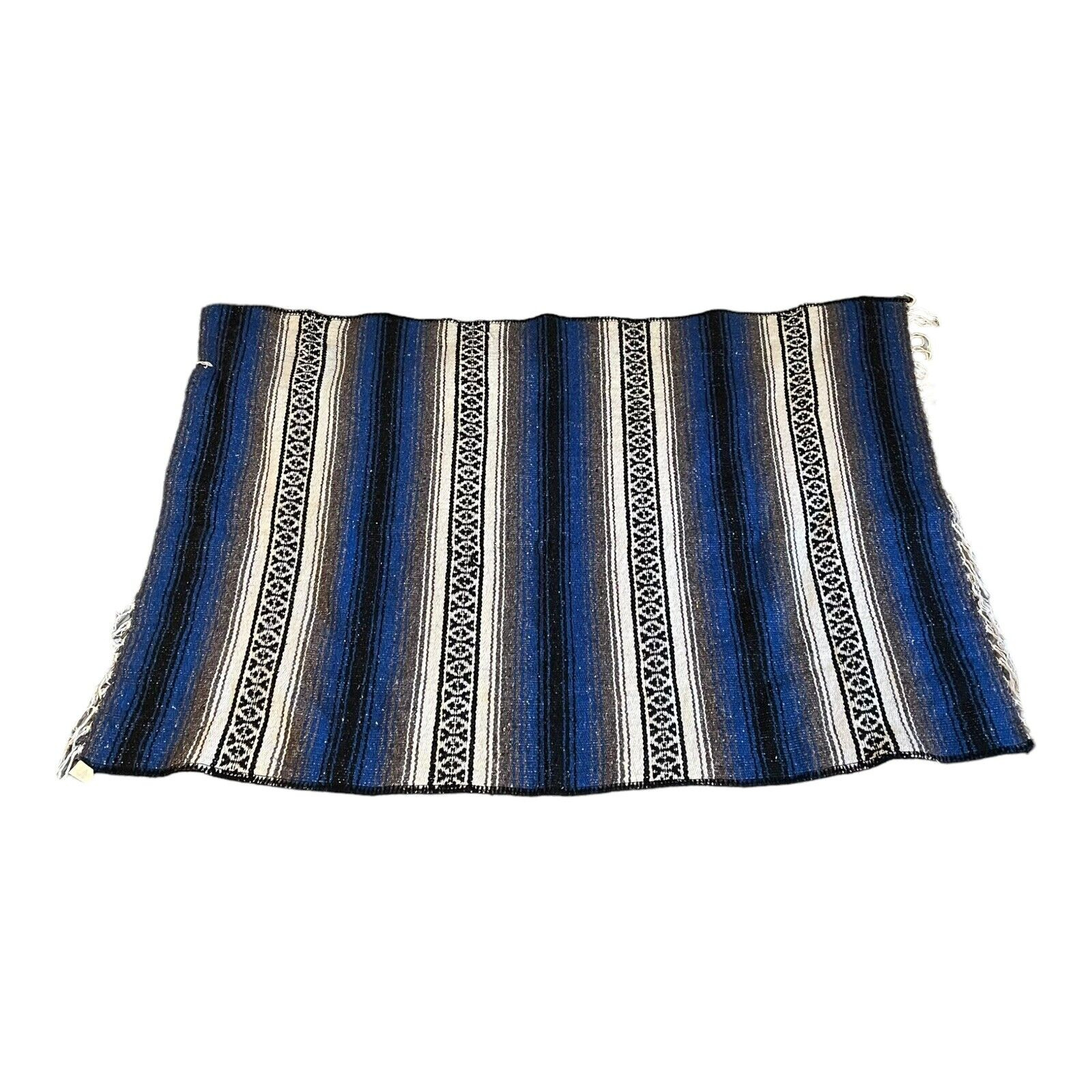 Vintage Mexican Sarape Blanket Rug Franks Textiles Southwest Striped Blue 39x61