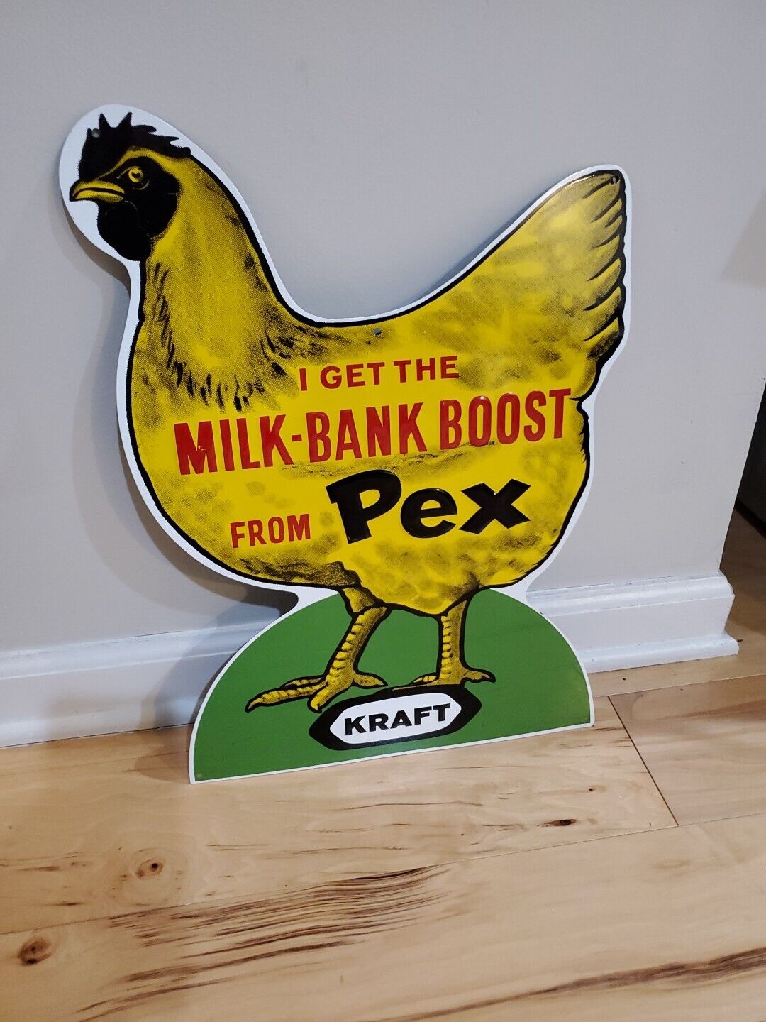 c.1960s Original Vintage Kraft Milk Bank Boost Sign Metal Embossed Pex Chicken 