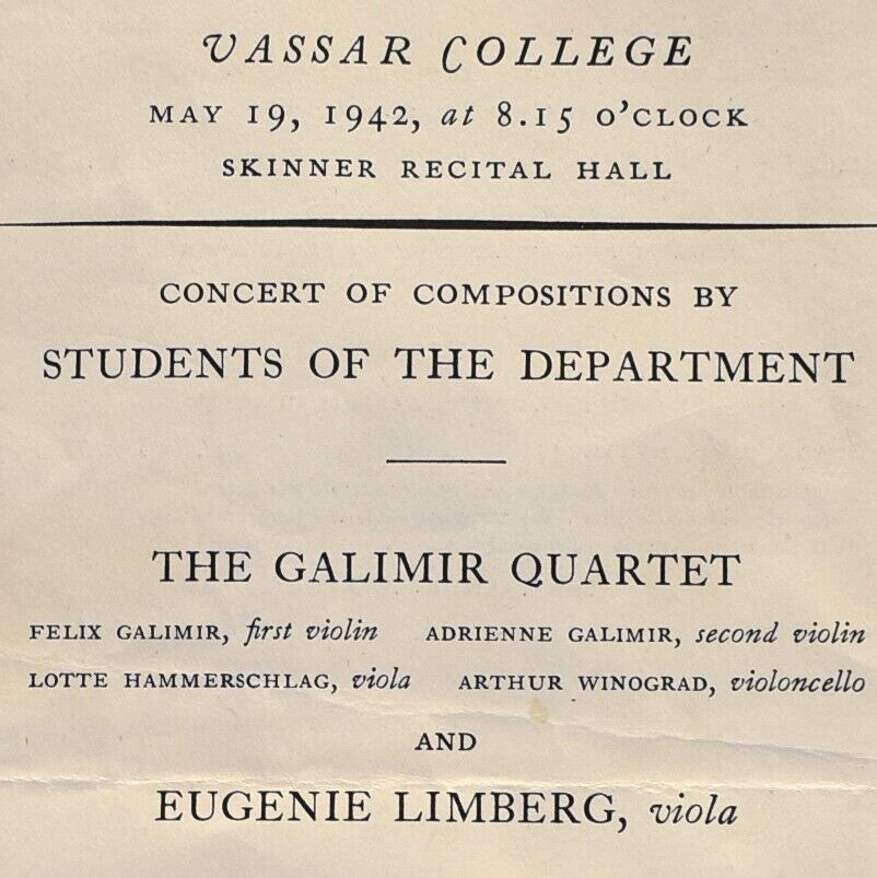 1942 The Galimir String Quartet of Vienna Eugenie Limberg Program Vassar College