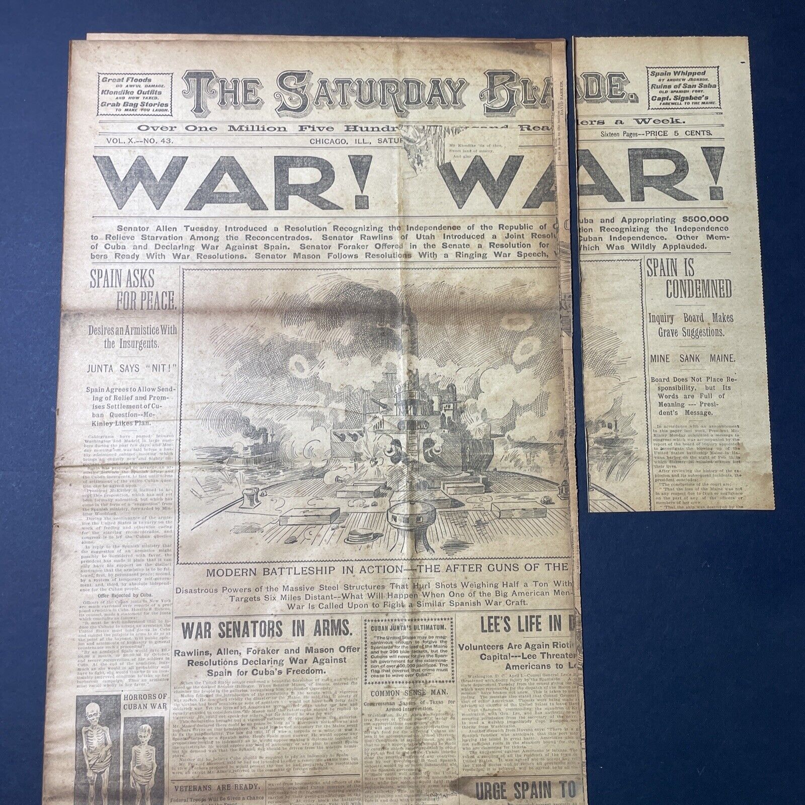 Antique April 2 1898 Saturday Blade Spanish American Civil War Newspaper Damaged