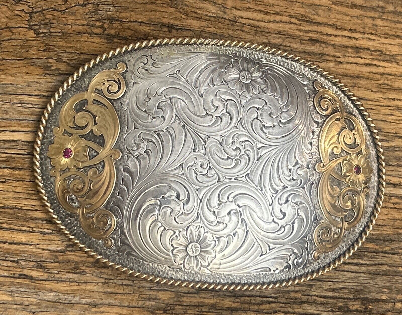 Montana Silversmiths Sterling Plated Ornate Two Tone Oval Western Belt Buckle