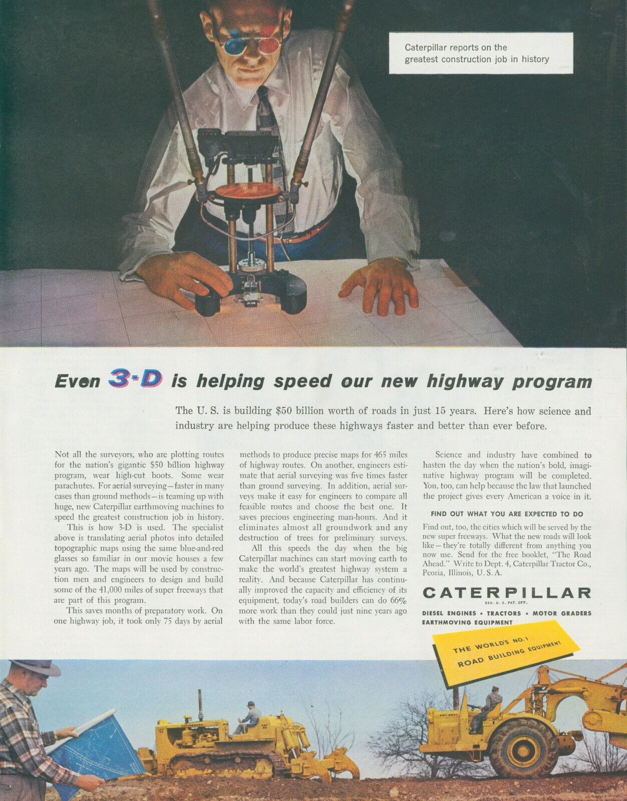 1957 Caterpillar Earthmoving Equipment 3D Glasses Science Industry Print Ad SP21