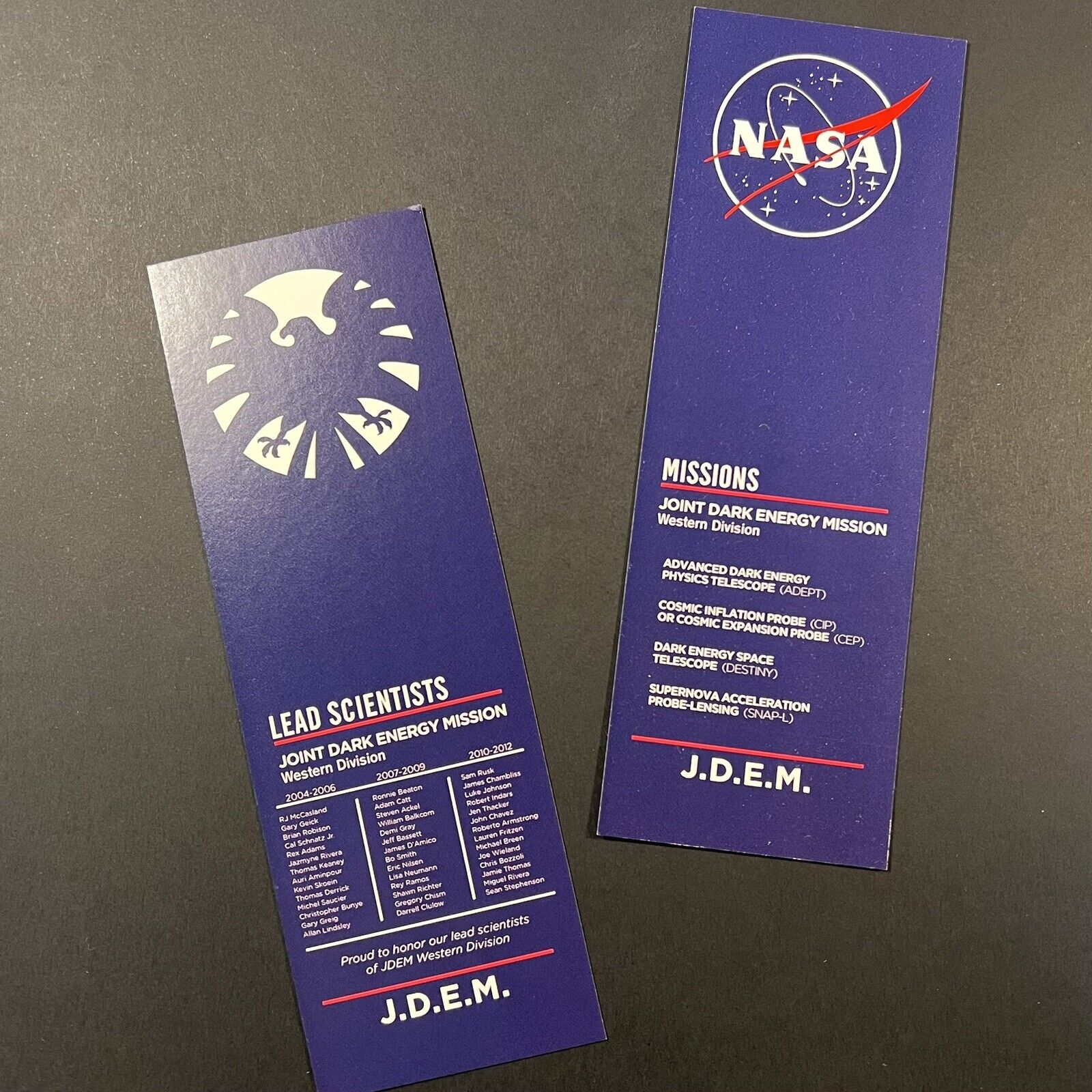 • SHIELD / NASA • JOINT DARK ENERGY MISSION • PAIR OF BOOKMARKS • AVENGERS •