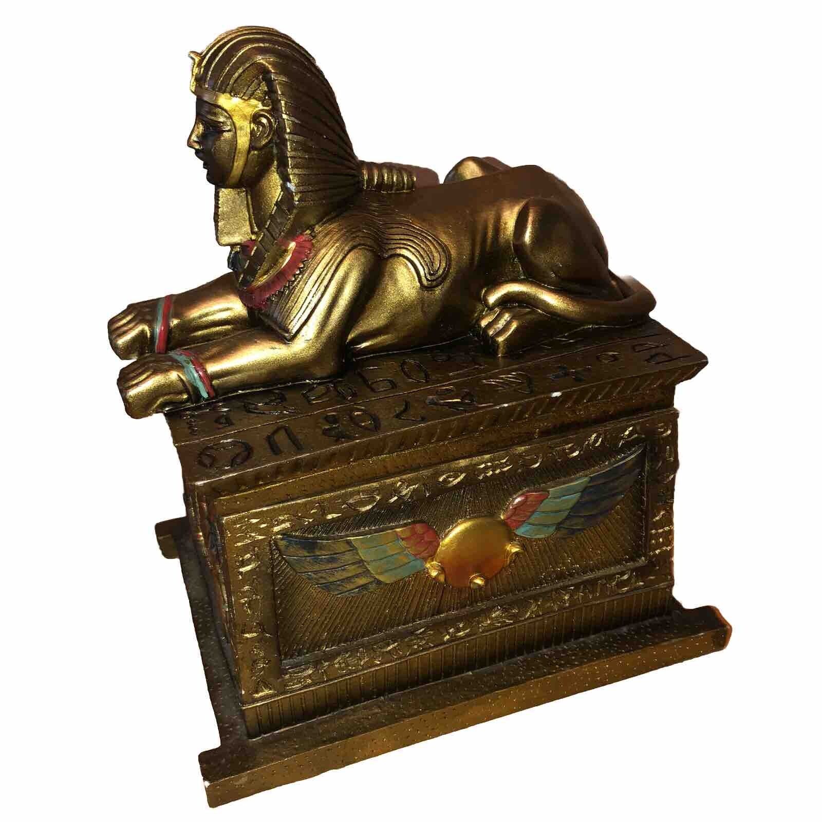 Vintage Ancient Egyptian Sphinx Sarcophagus Gold 9” Box / Figurine Fun