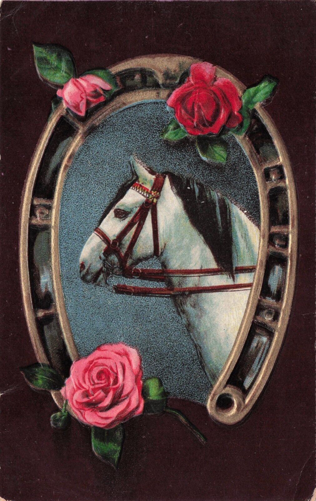 Artist Card Grey Horse’s head Inside Horseshoe Embossed Vintage Postcard 1911