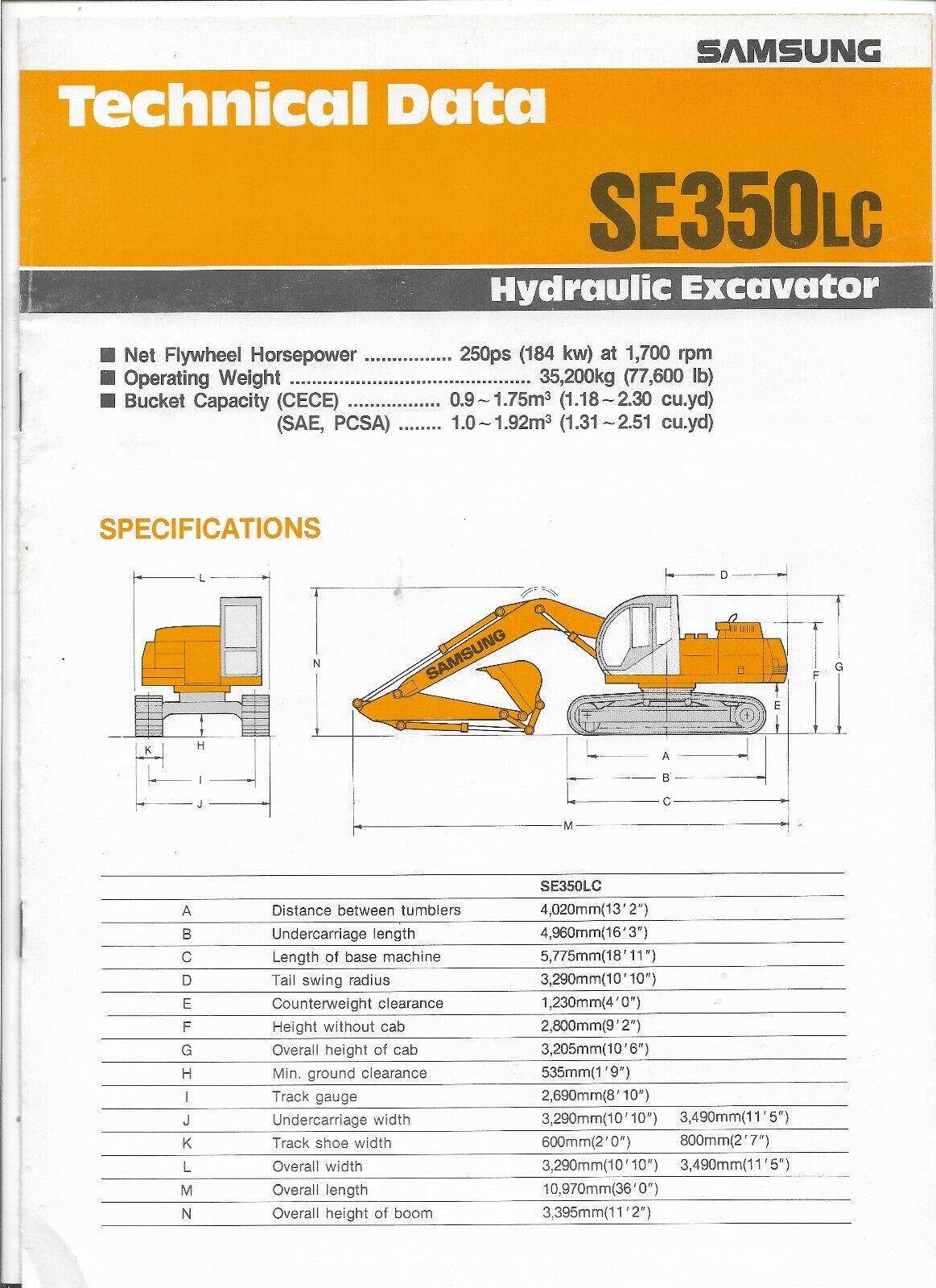 Original Samsung Model SE350LC Hydraulic Excavator Technical Data Sales Brochure