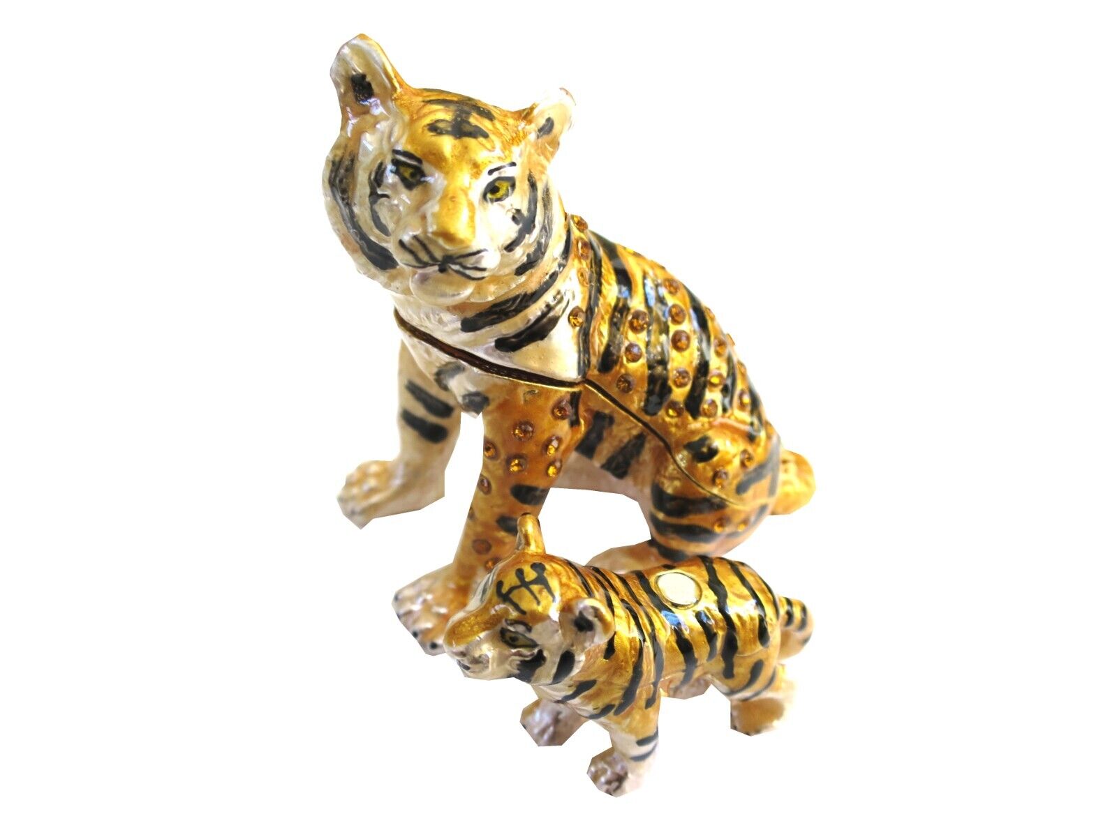 Bejeweled Tiger Mom & Cub Hinged Metal Enameled Rhinestone Trinket Box