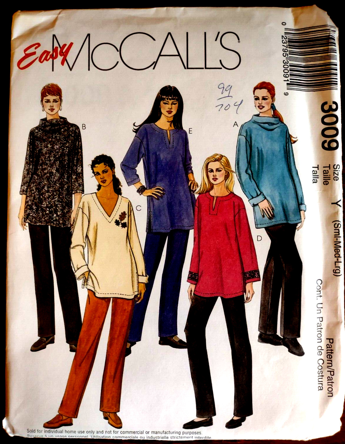 Easy McCall's 3009 Size Sml Med Lrg Sewing Pattern UNCUT Knit Tops Pull-On Pants